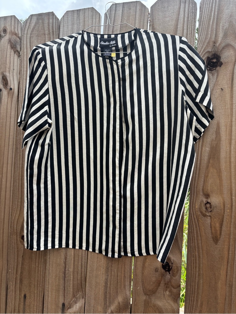 Studio Silk Black & White Striped 100% Silk Blouse Large